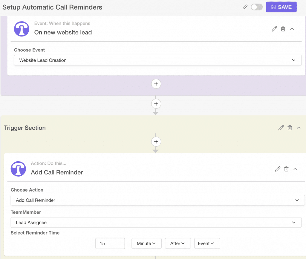 Setup automatic call reminders for new leads with TeleCRM workflow automation | crm workflow automation