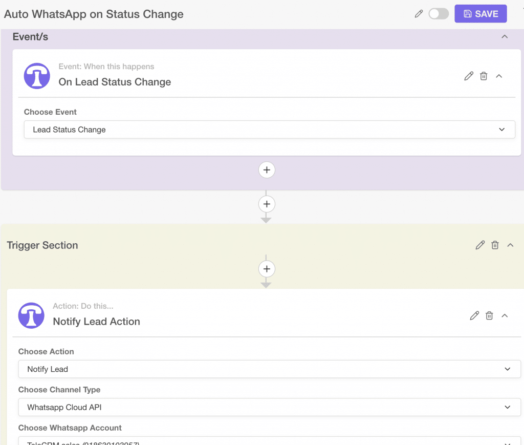 Send automatic WhatsApp to leads on status change with TeleCRM workflow automation  | crm workflow automation