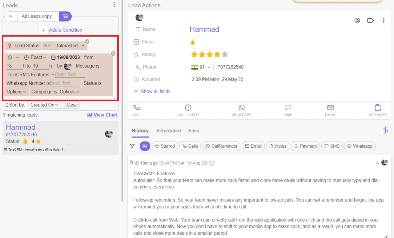 TeleCRM's lead filter feature