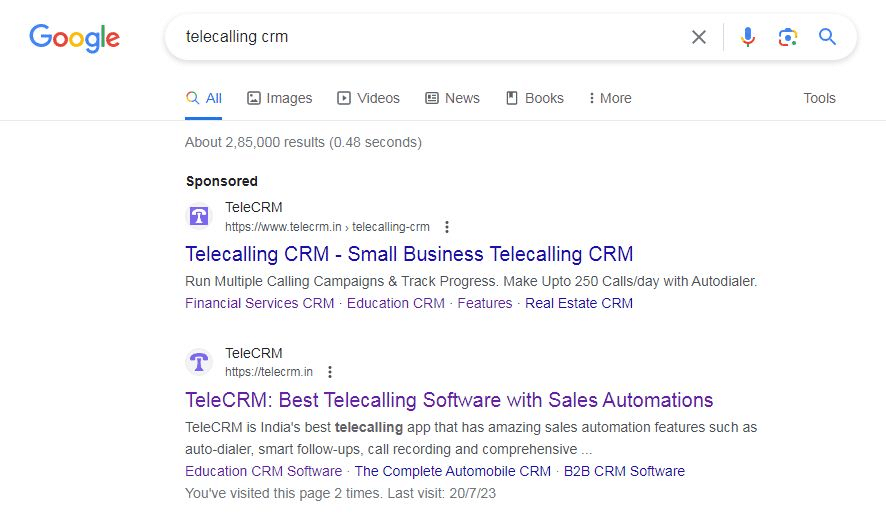Google shows TeleCRM as the first answer to 'telecalling CRM' 