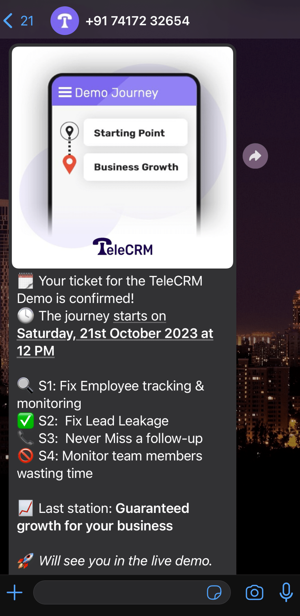 TeleCRM sends booking confirmation messages with WhatsApp API.