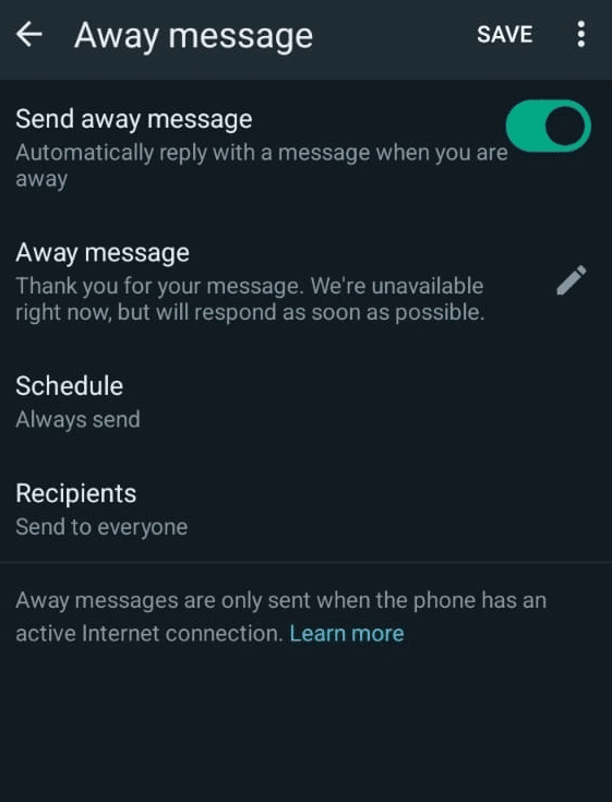 Set up Away message setting in WhatsApp business app