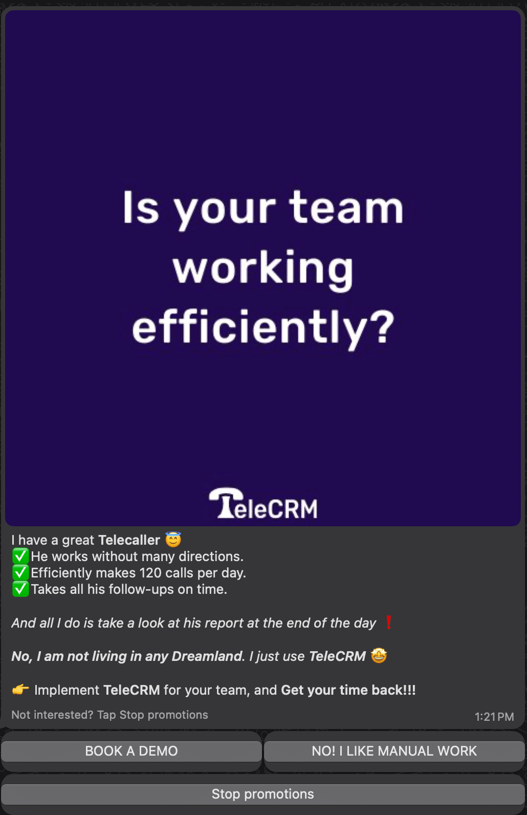 WhatsApp Message sequence for convinvcing leads to book a demo of TeleCRM.
