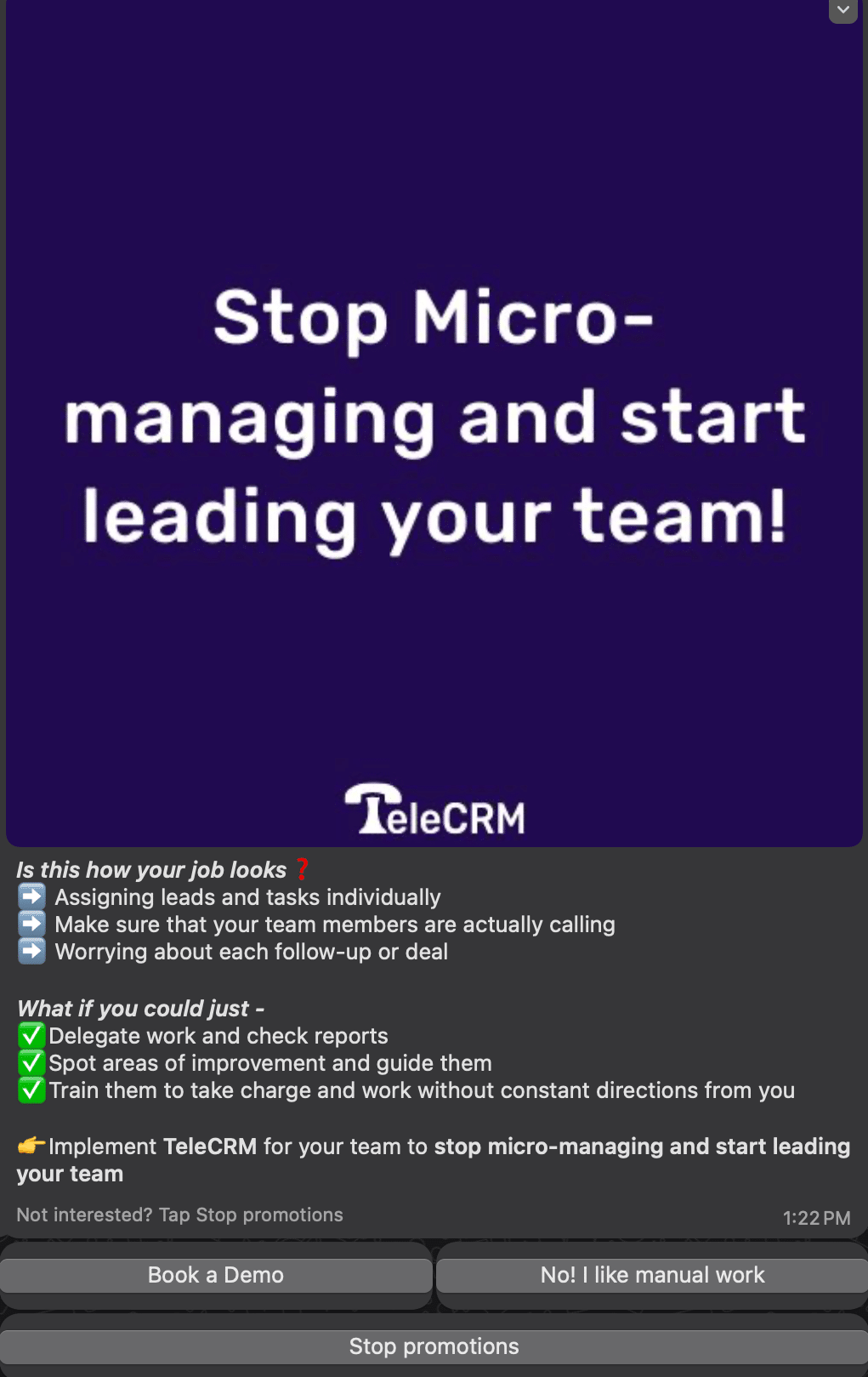 WhatsApp Message sequence for convinvcing leads to book a demo of TeleCRM.