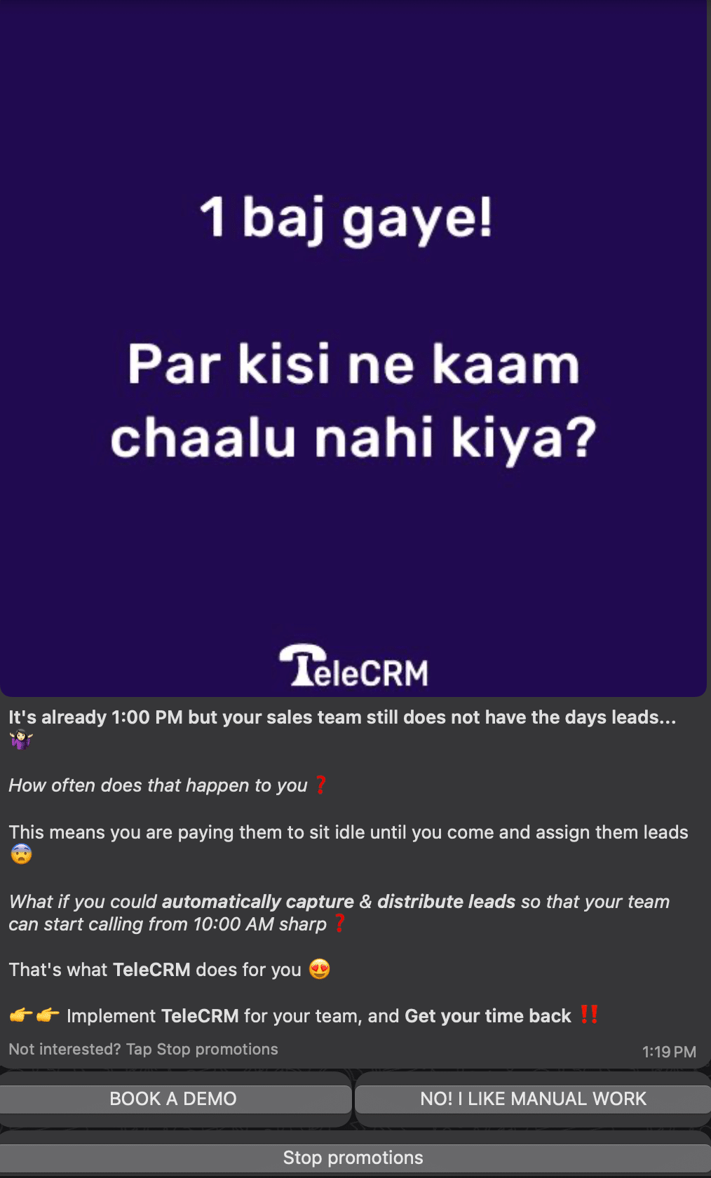 WhatsApp Message sequence for convinvcing leads to book a demo of TeleCRM.