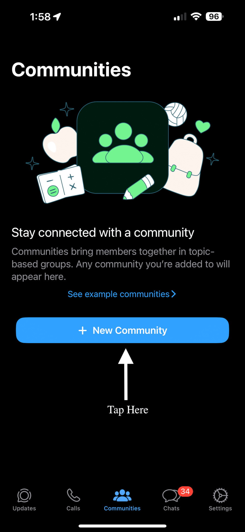 Tap on the Communities tab and then tap on the '+ New Community' option to create a community in Whatsapp.