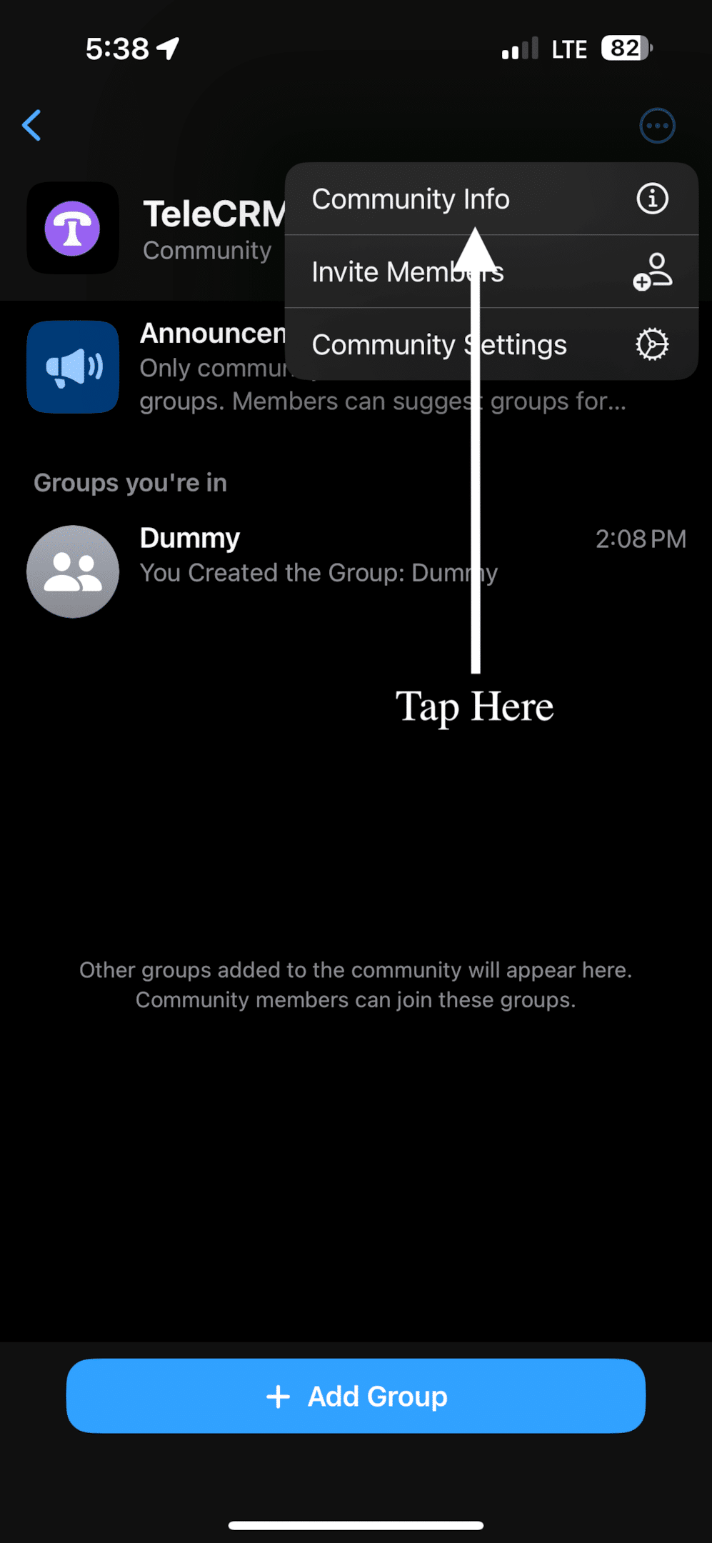Open the community and click on the three dots in the top right corner. Then tap on Community Info.