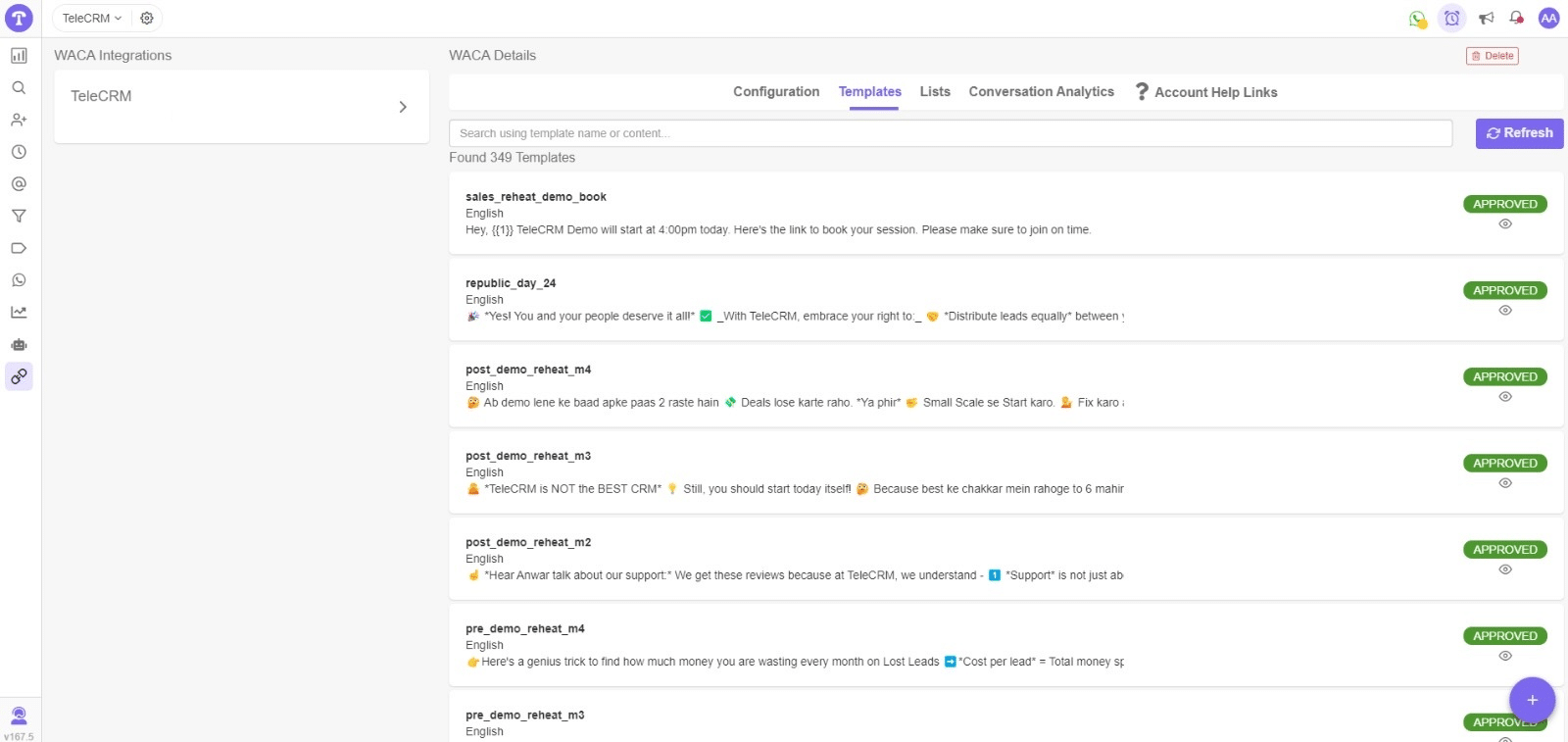 Approved templates automatically sync in TeleCRM