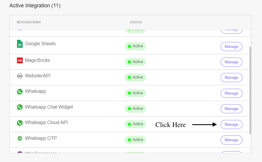 Click on the Manage button for 'WhatsApp Cloud API integrations'.