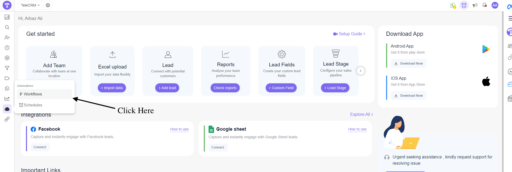In the TeleCRM app dashboard, click on Workflows.