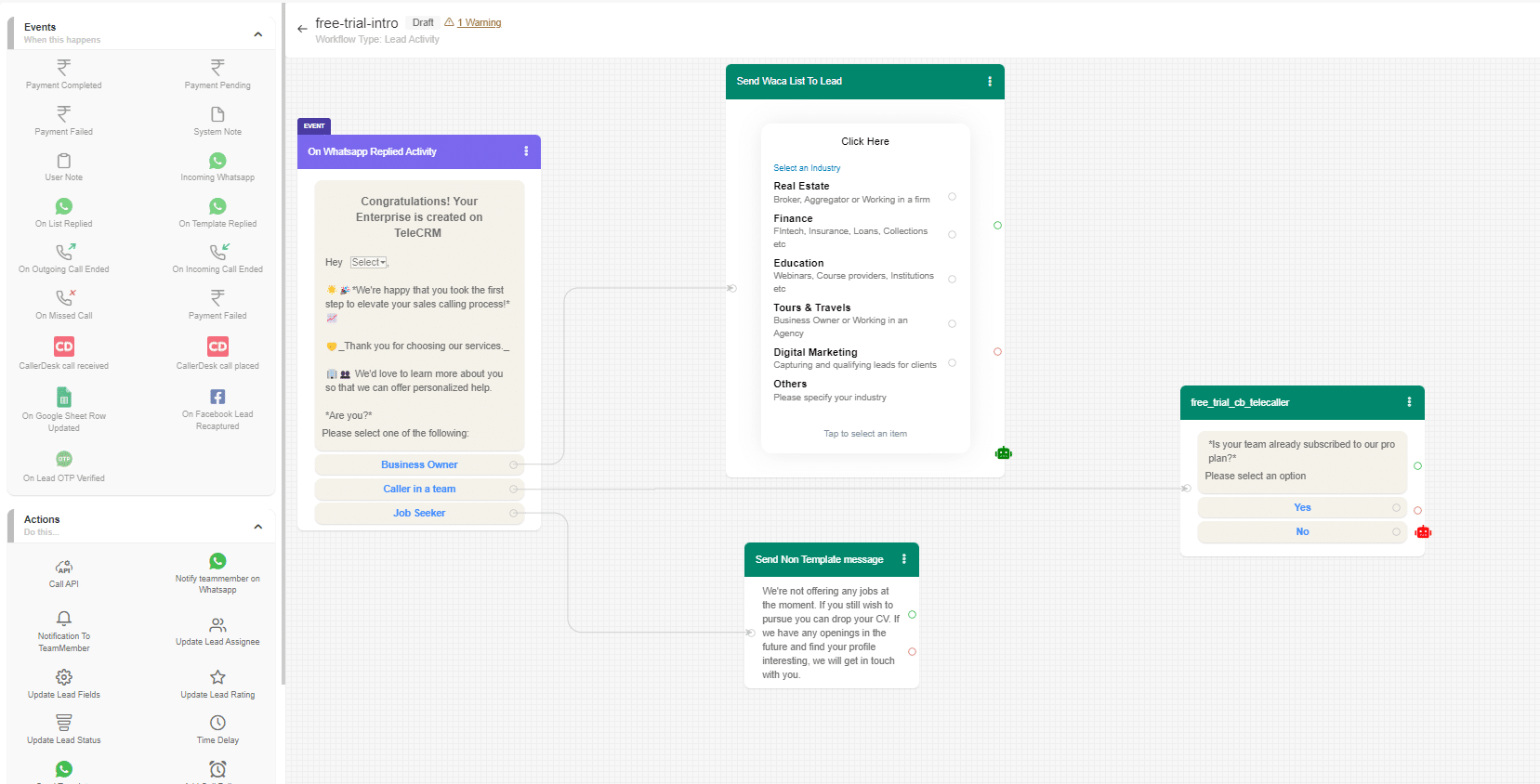 Connect all the templates for the button replies and click on the Publish button in the top right cornor to create your first WhatsApp chatbot workflow. 