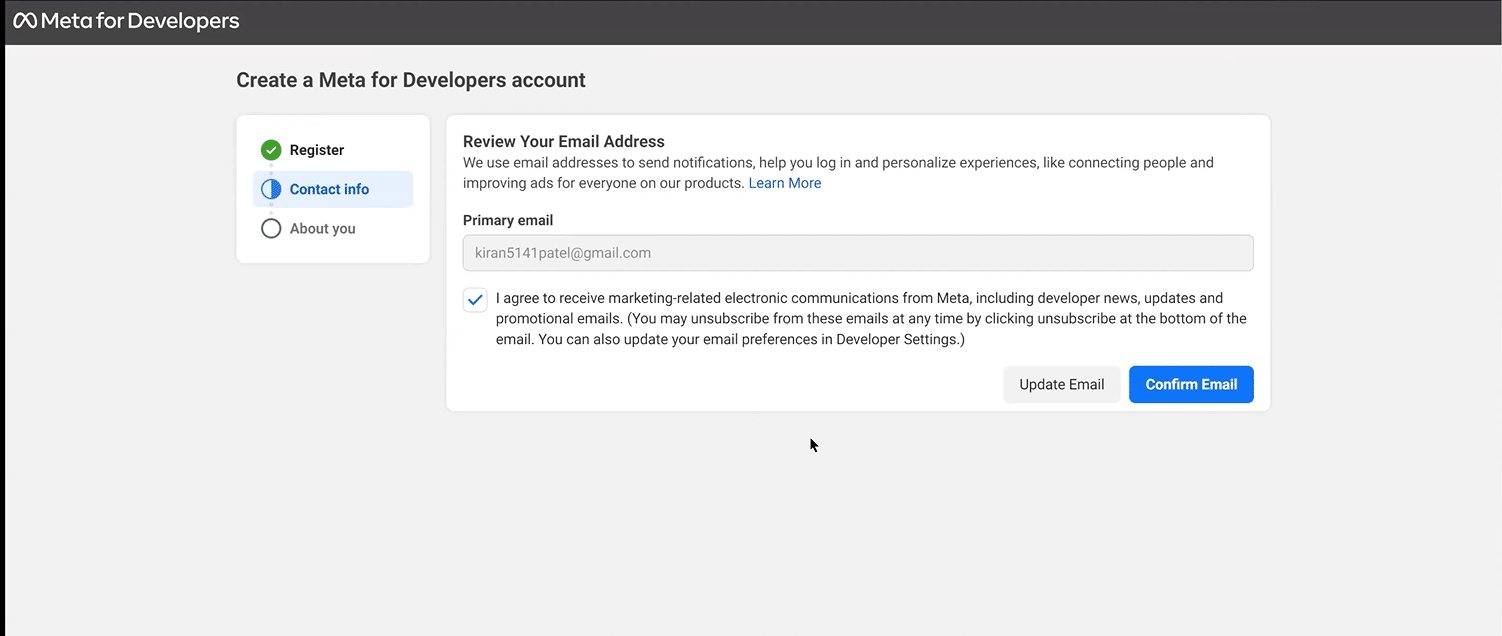 In the 'Contact Info' tab, enter the email which you want to use for logging into your account and where you would like to receive notifications. Click on Confirm Email to move on to the next step.