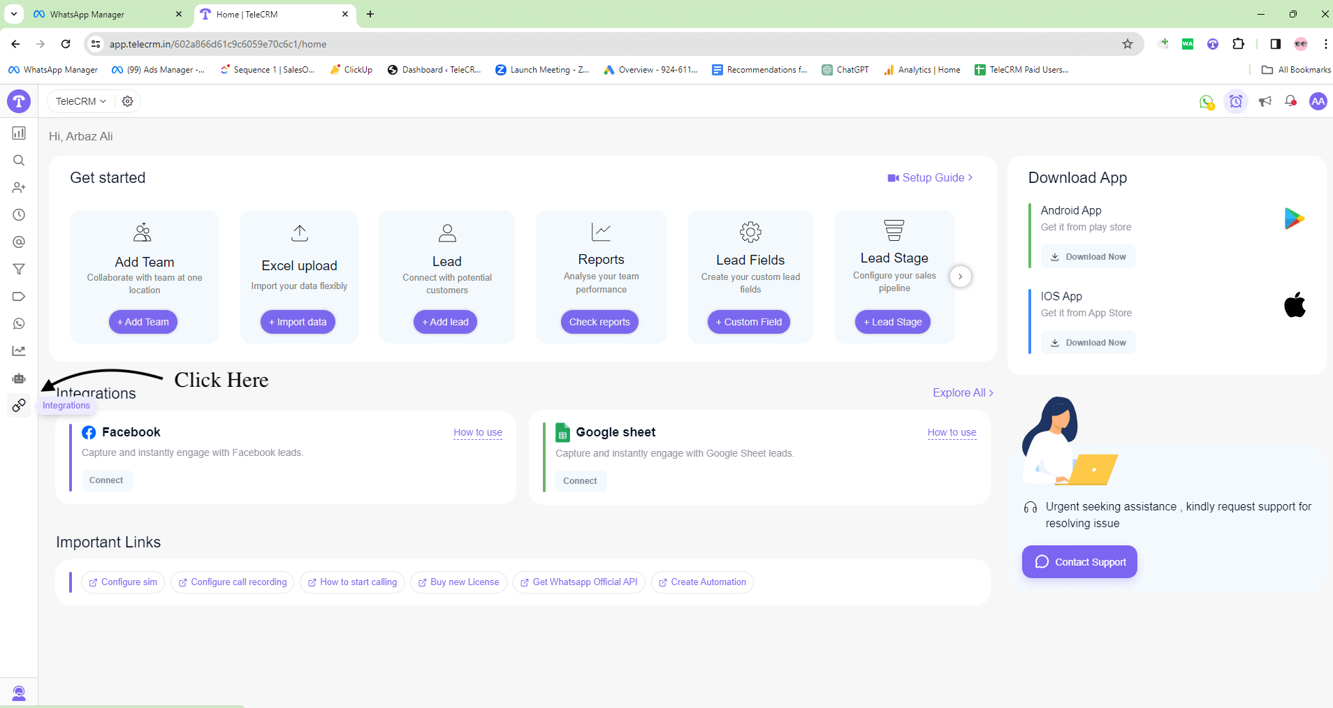 Open the TeleCRM web app and click on Integrations.