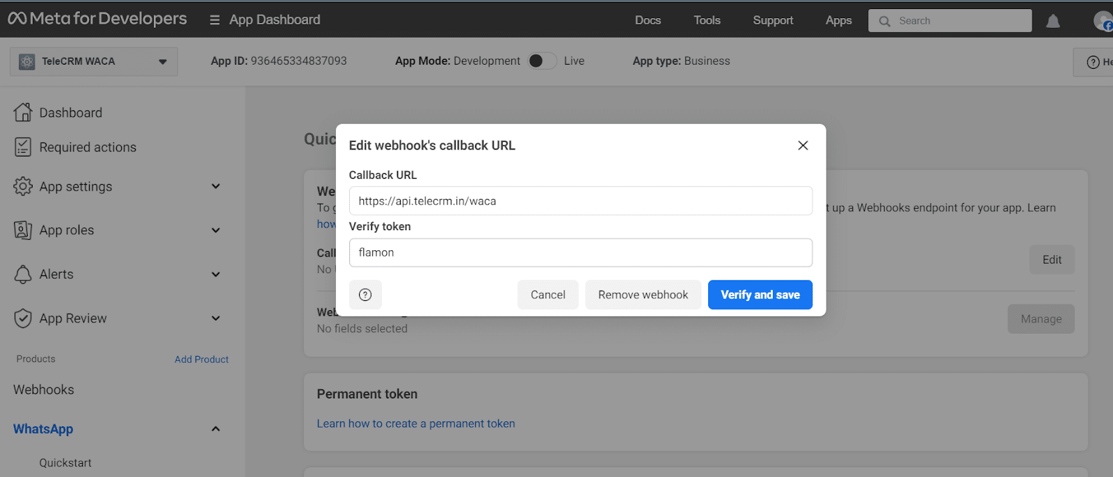 Paste the Webhook's callback URL and token, then click on Verify and Save.