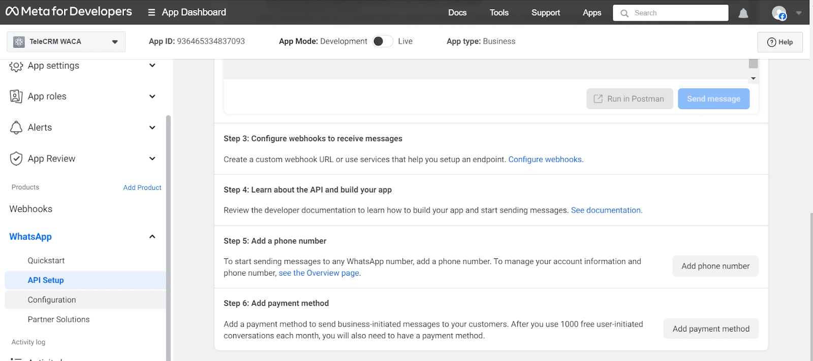 Head back to the Meta and in the 'App dashboard page', Click on the Configuration tab on the left side navigation