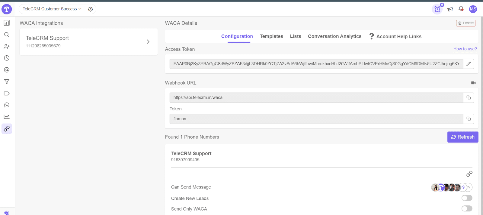 Access the Configuration tab of 'WACA Integration'  in TeleCRM to copy the Webhook's Callback URL and Token.