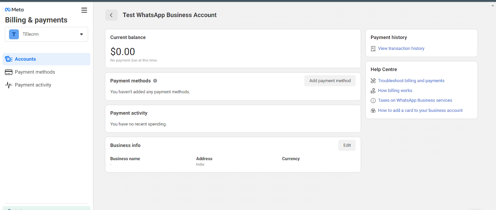 In this step, first, add your Business Info as per your GST documents and second add a payment method: a Visa or Mastercard debit/credit card that has international transactions enabled.