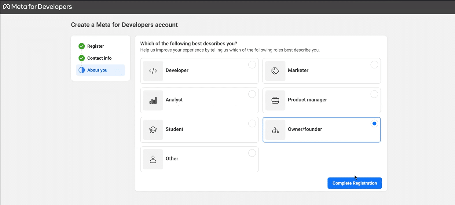In the 'About You' section, select the option that best describes your job role. Then click on Complete Registration.