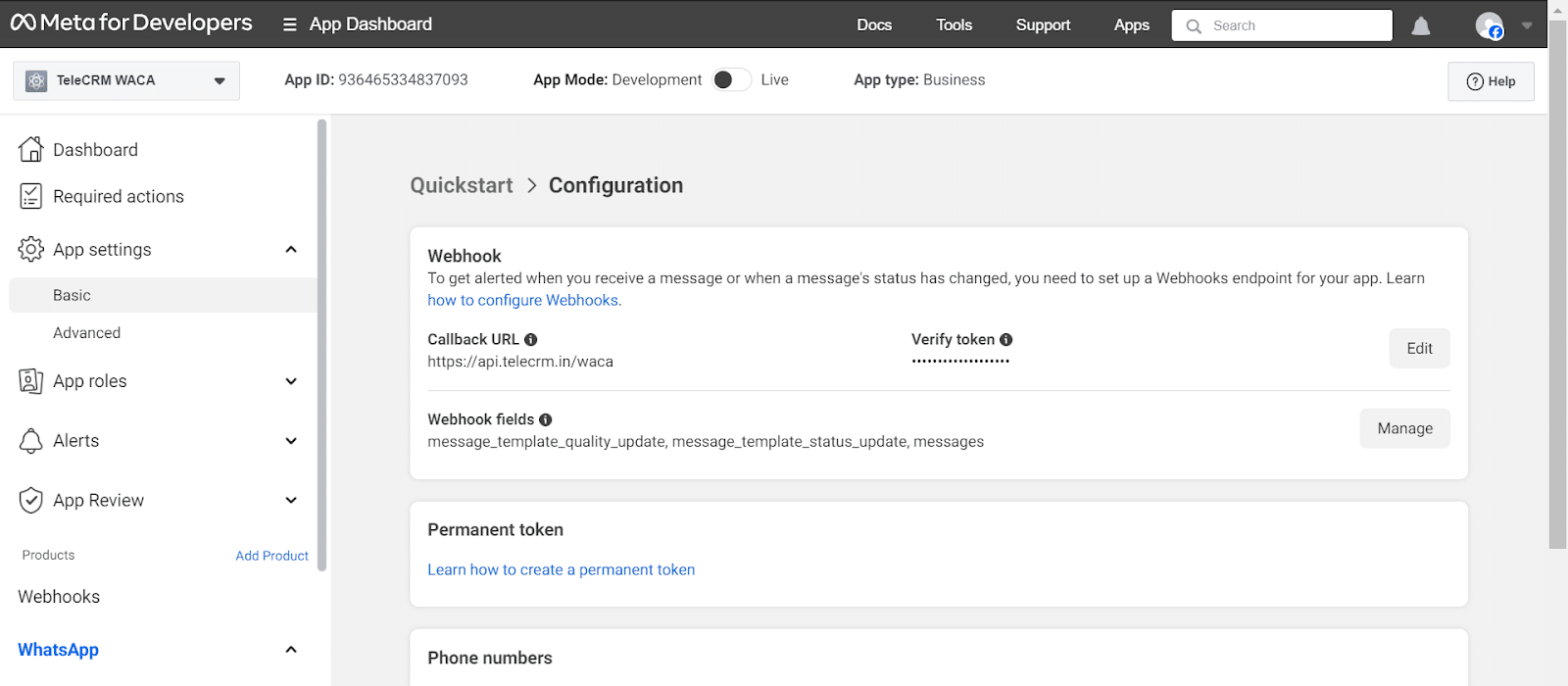 In the App dashboard, on the navigation bar, go to App settings and click on Basic.