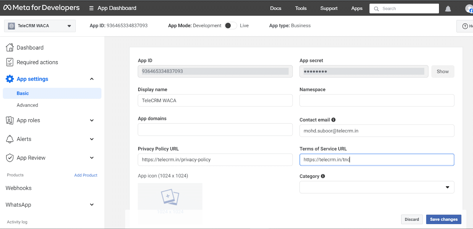Enter your website's Privacy Policy URL and Terms of Service URL and click on Save changes.