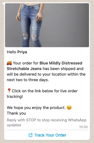 Shipping and Delivery Status Message sample template for WhatsApp bulk messaging
