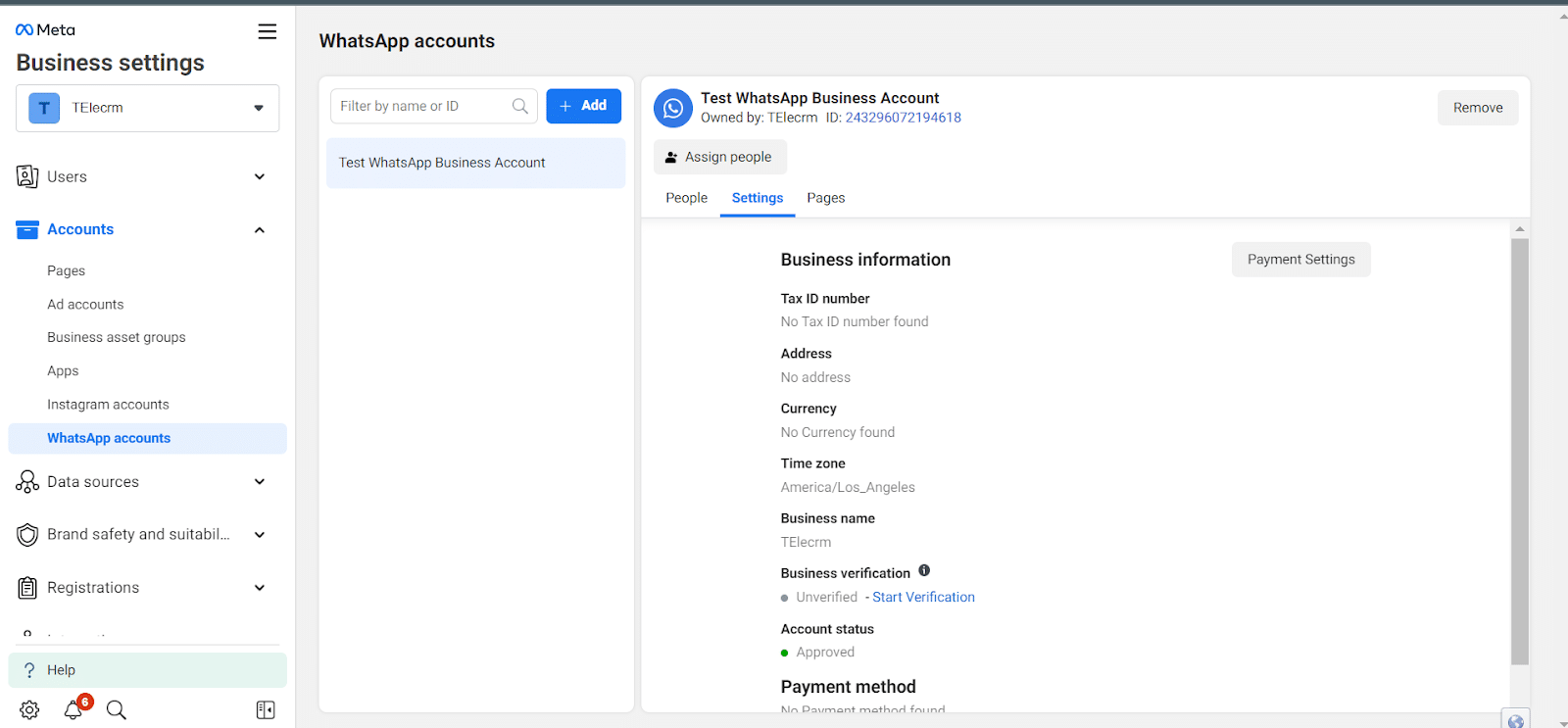 Select your WhatsApp account and click on Payment Settings.