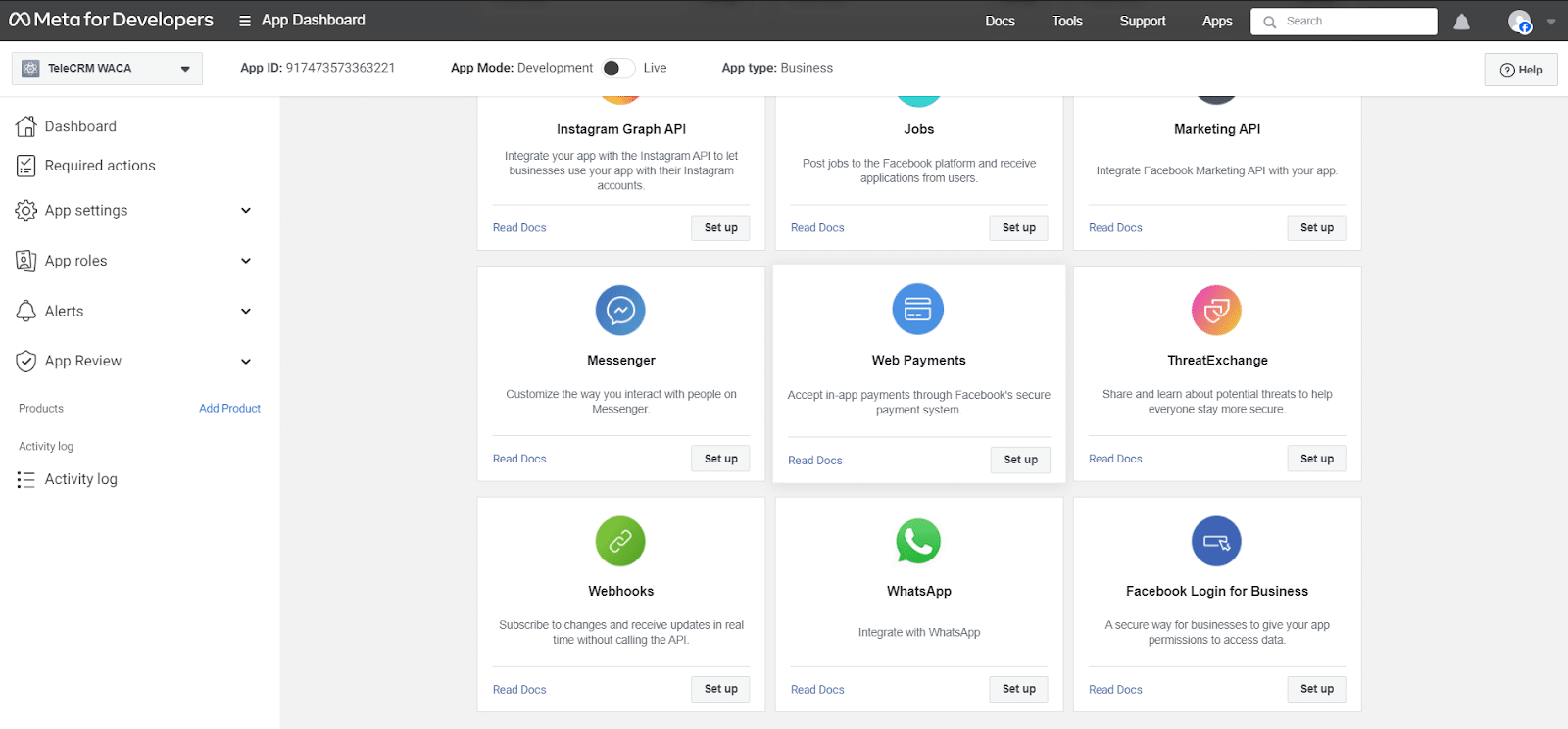 Now you'll be redirected to your app's dashboard. Here navigate and click on WhatsApp Set Up. In the Meta Business account, click on WhatsApp Set Up.