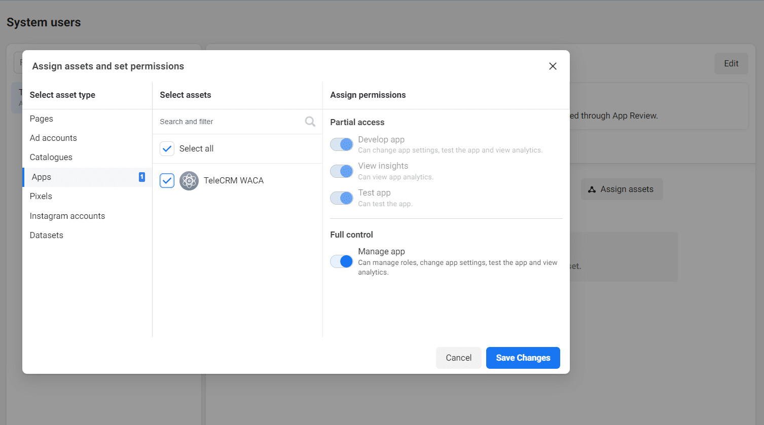 Select apps from the left navigation bar. Then select your app and enable full control. Then click on Save Changes.