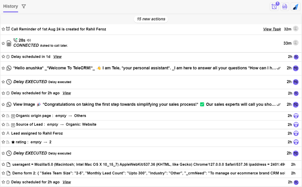 Log and keep track of the entire history with every lead with telecrm