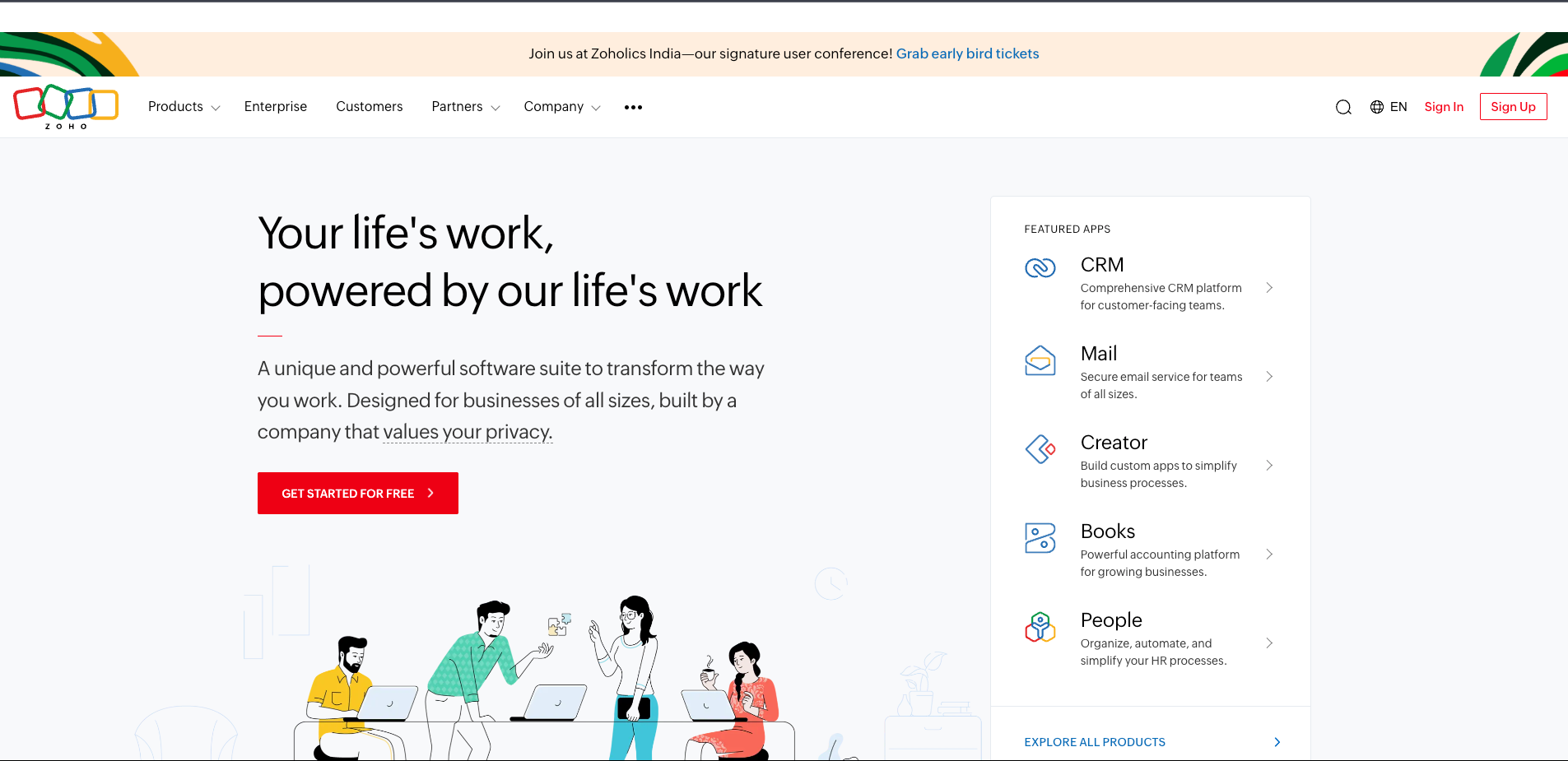 Zoho's homepage overview